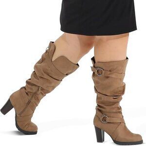 Women's Wide/Extra Wide Calf Knee High Boots Fashion Chunky Block Heel Pull On